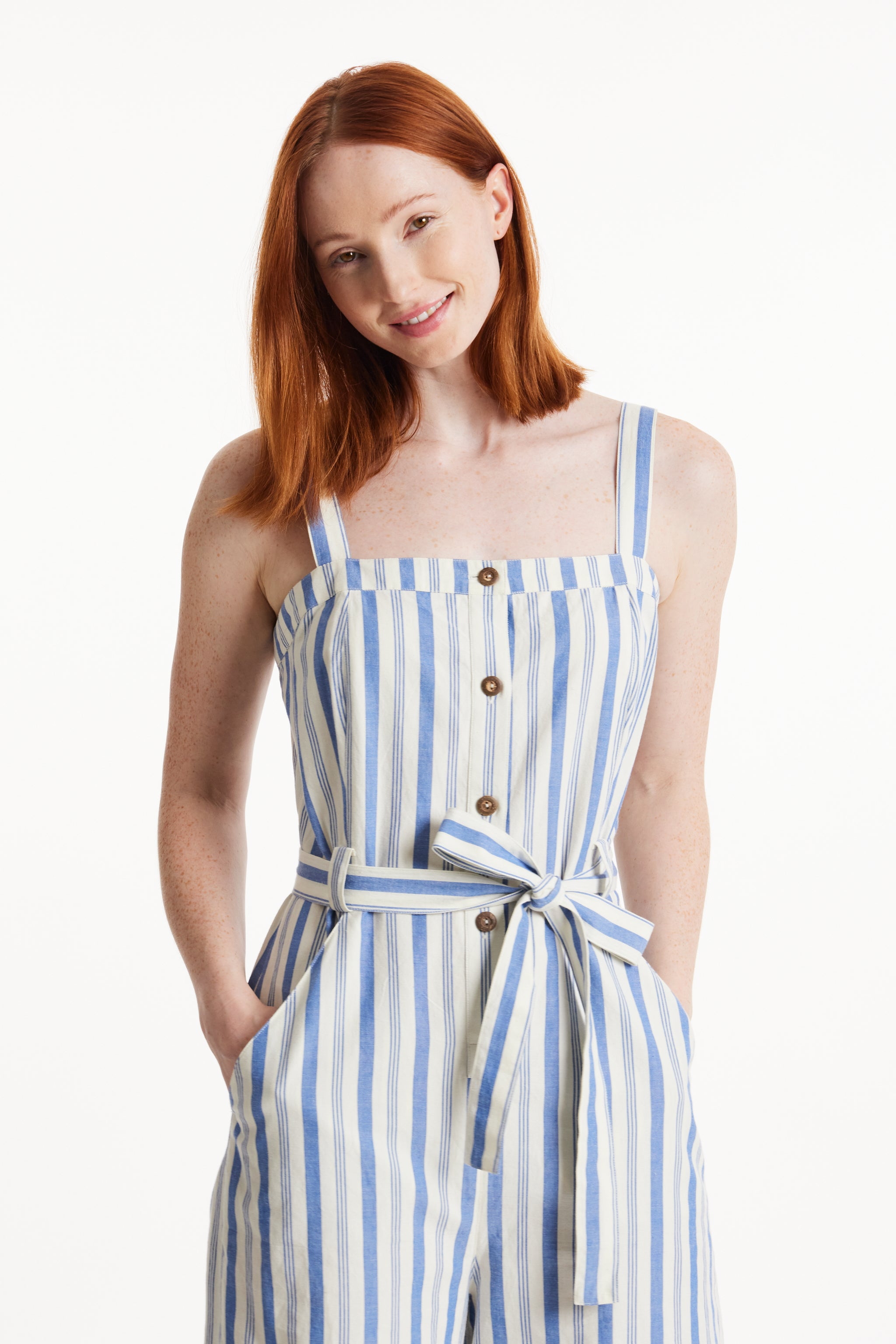 Blue and white striped linen jumpsuit top