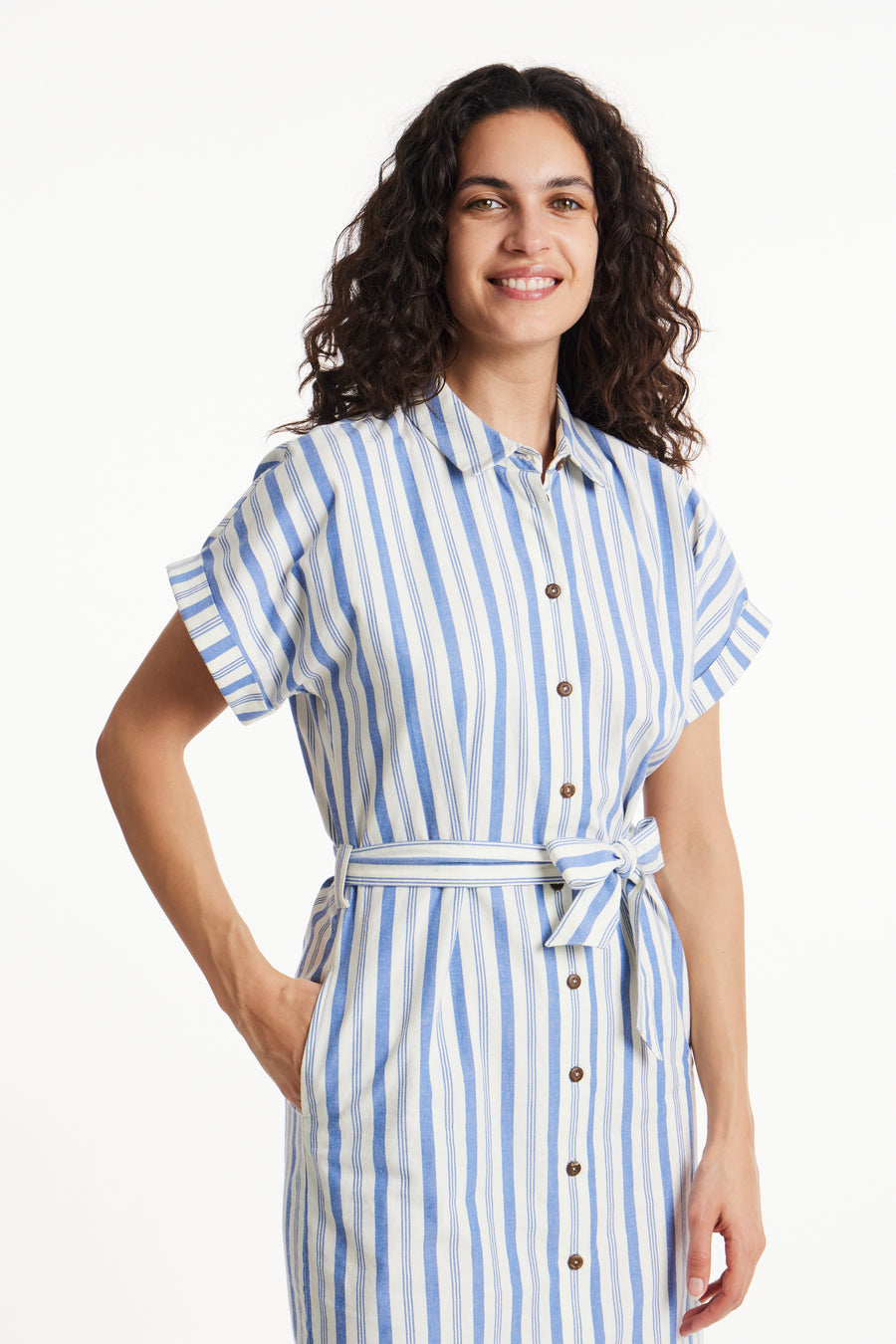 People Tree Fair Trade, Ethical & Sustainable Bessie Striped Dress in Blue stripe 100% Organic Cotton