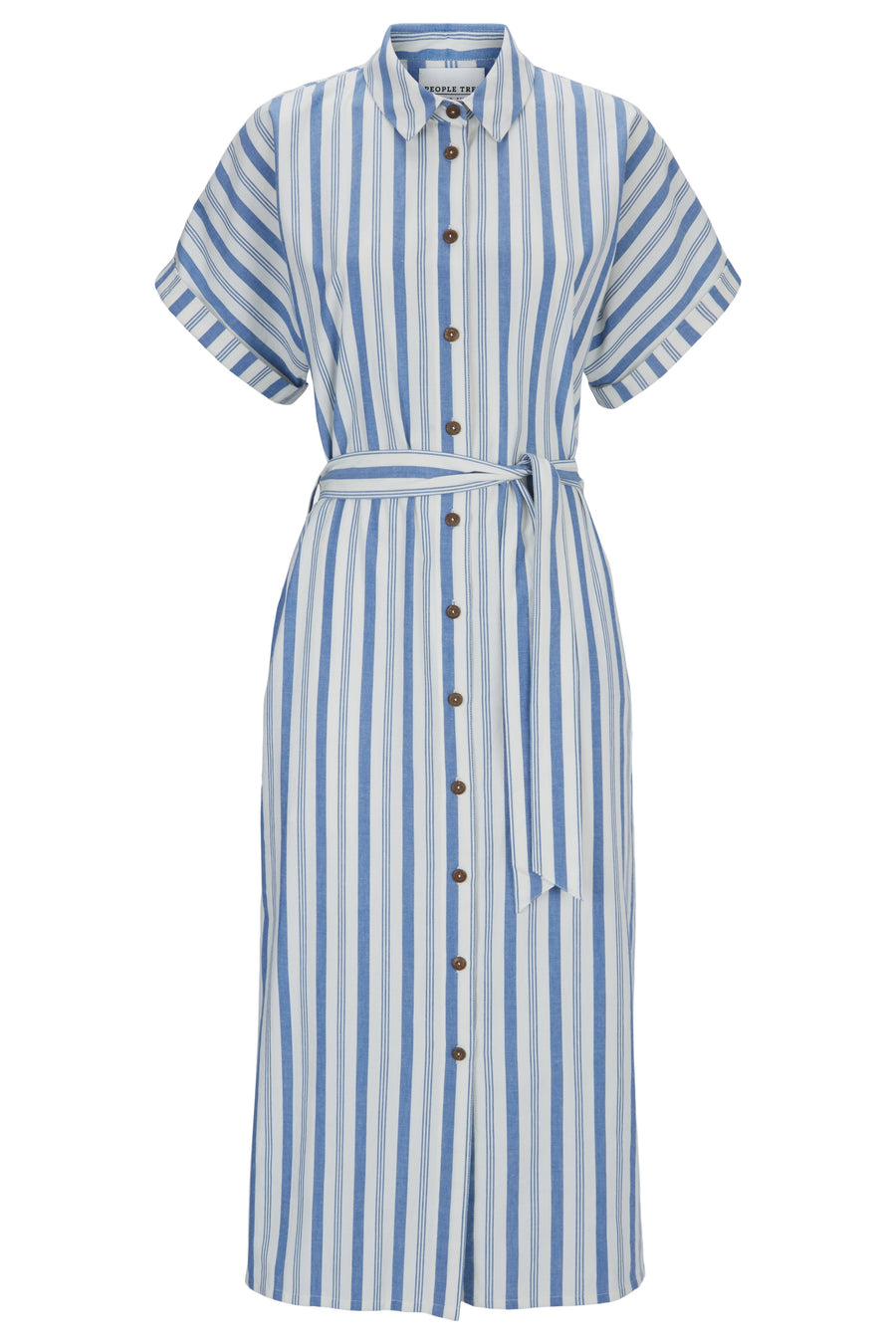 People Tree Fairer Handel, ethisches und nachhaltiges Bessie gestreiftes Kleid in blauem Streifen 100% Bio -Baumwolle