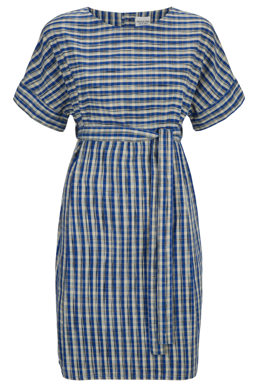 People Tree Fairer Handel, ethische und nachhaltige Christabel Ikat -Kleid in Blue Check 100% Bio -Baumwolle