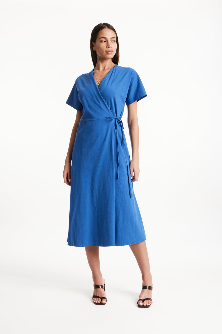 People Tree Fair Trade, Ethical & Sustainable Leora Wrap Dress in Blue 95% organic certified cotton, 5% elastane