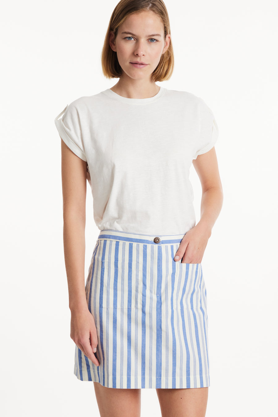 People Tree Fair Trade, Ethical & Sustainable Tica Striped Skirt in Blue stripe 100% Organic Cotton