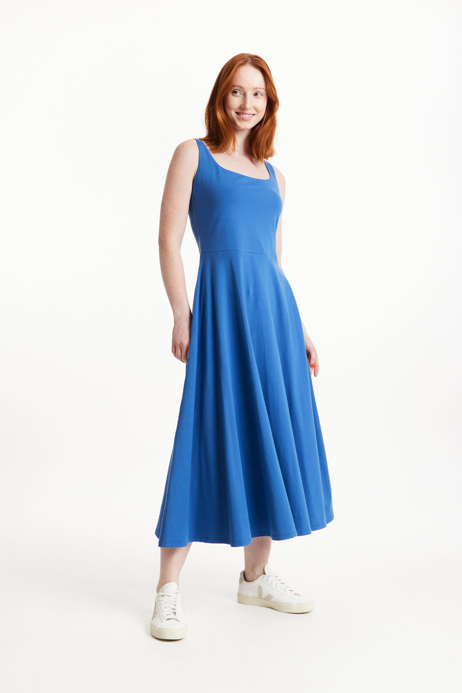 People Tree Fairer Handel, ethisches und nachhaltiges Tyra -Kleid in Blau 95% Bio -zertifizierter Baumwolle, 5% Elastane